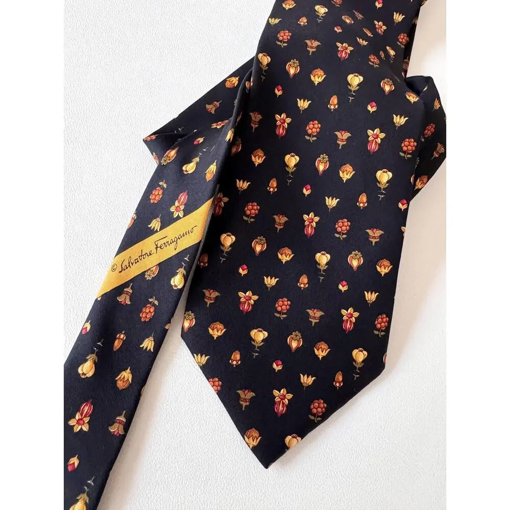 Salvatore Ferragamo Tie Mens One Size Navy Blue Floral 100% Silk Made In Italy
